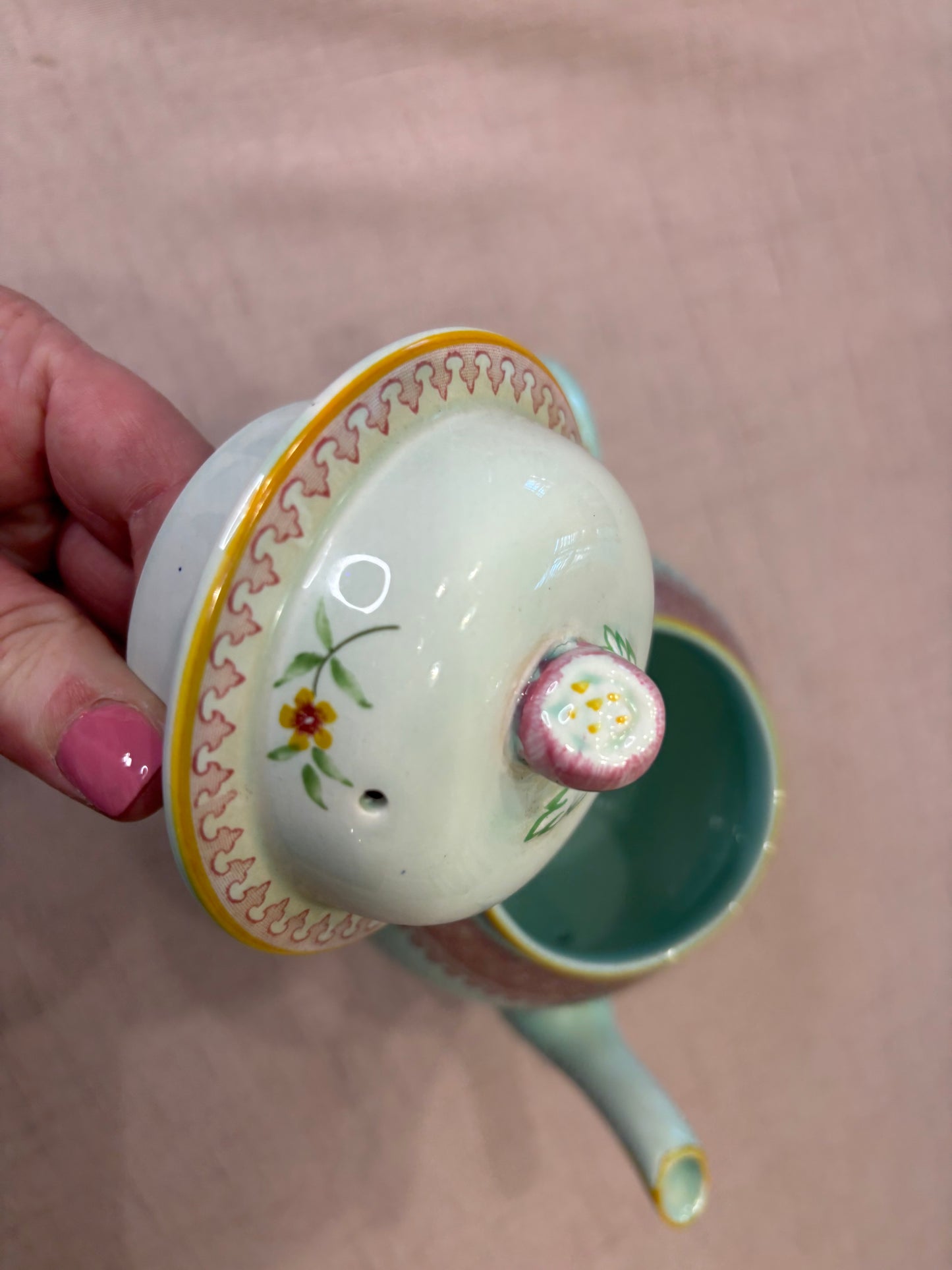 Antique Adams Calyx Ware teapot in the Lowestoft pattern featuring a mint green or duck egg blue color with floral patterns! As is!