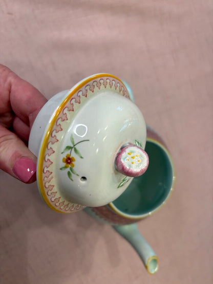 Antique Adams Calyx Ware teapot in the Lowestoft pattern featuring a mint green or duck egg blue color with floral patterns! As is!