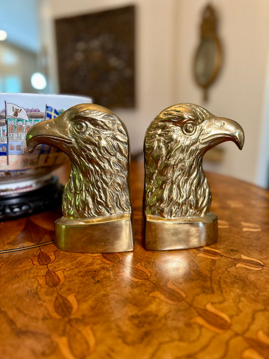 Vintage Solid Brass Eagle Head Bookends | Heavy Sculptural Americana Library Décor Pair