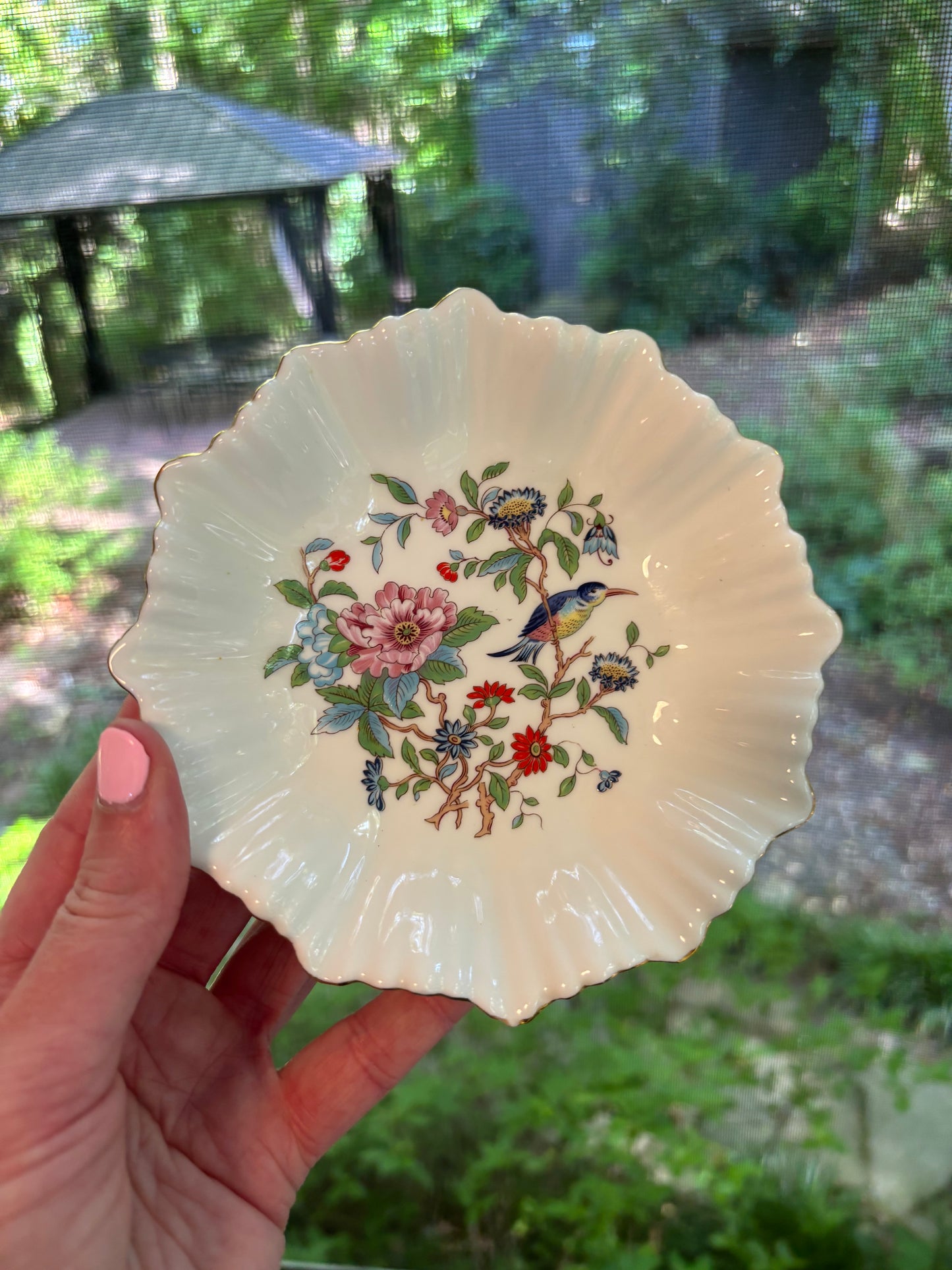 Aynsley "Pembroke" pattern bone china pin dish featuring a bird and floral design with a scalloped gold rim!