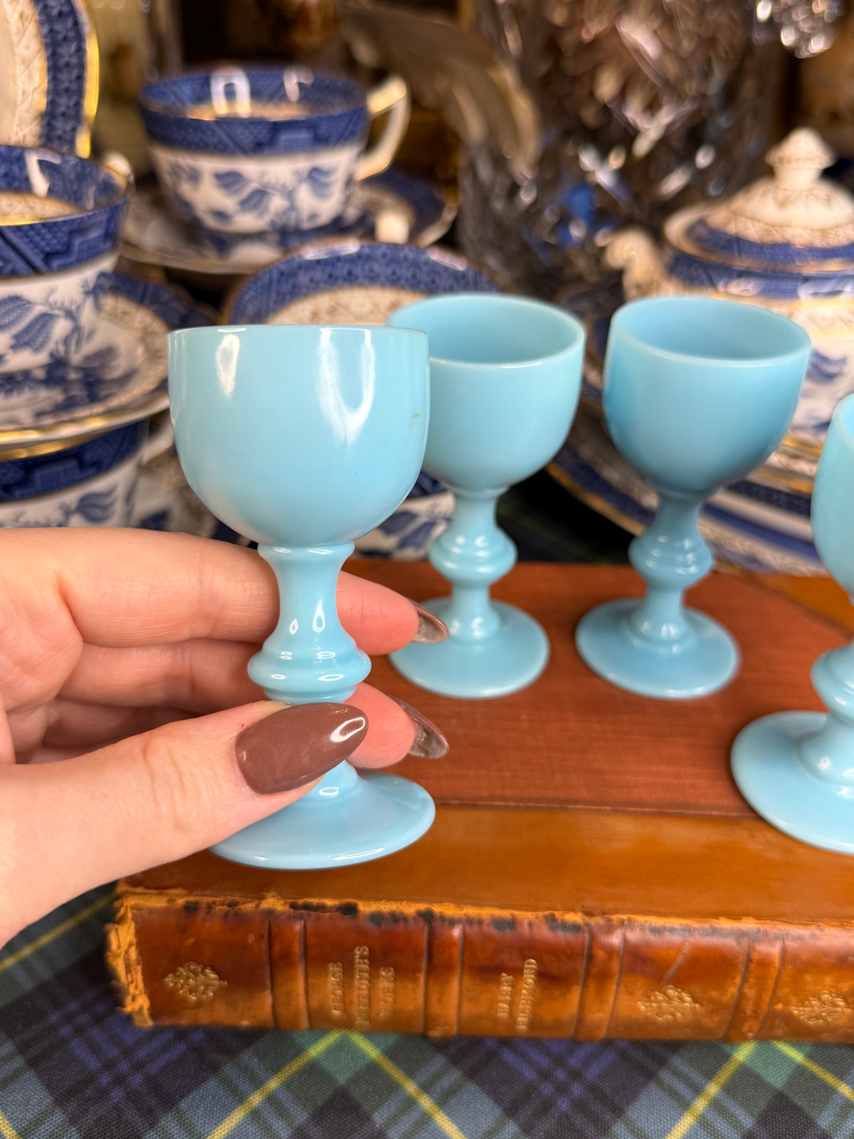 Vintage French Blue Opaline Glass Cordials | Set of 4 | Petite Stemmed Goblets | 3.25”