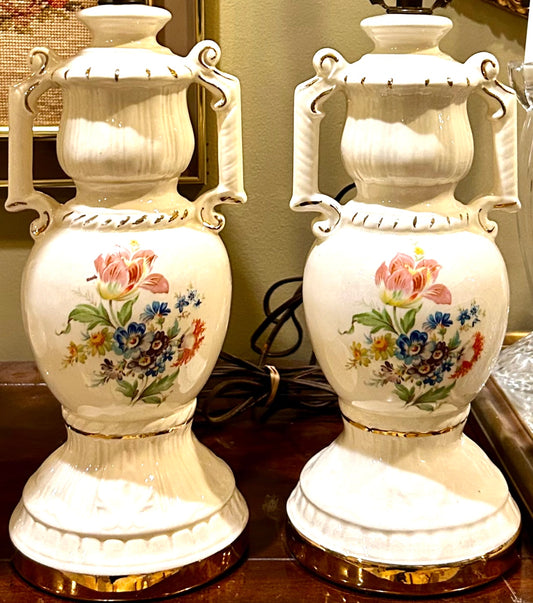 Pair Vintage floral botanical Porcelain Lamps