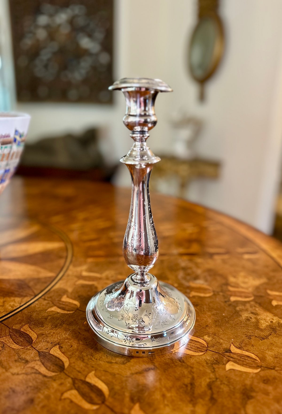 Antique French Christofle Silver-Plated Candlestick | Floral Engraving & Removable Bobeche