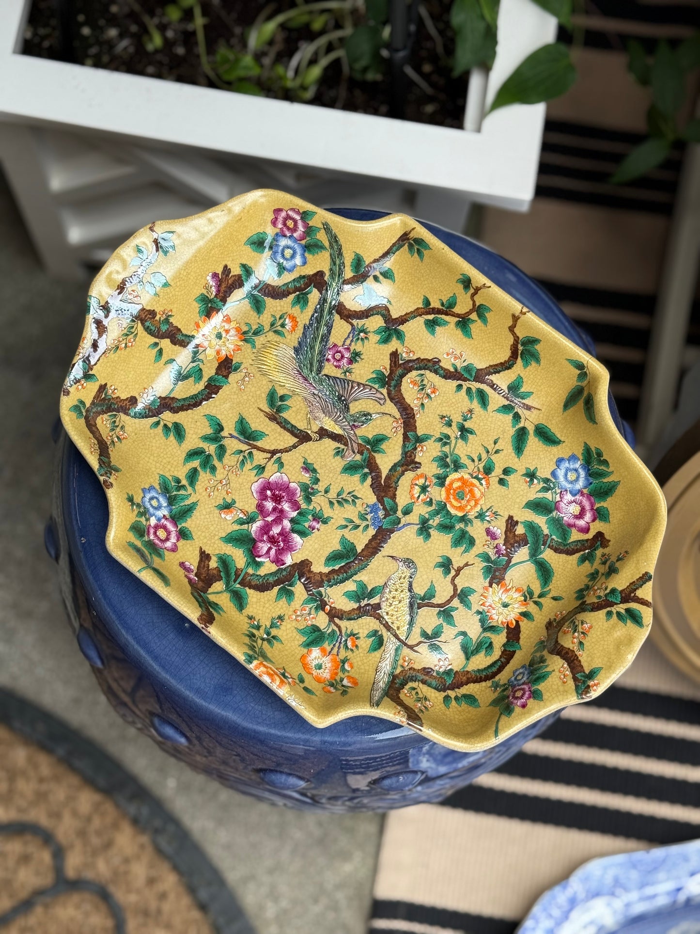 Danny’s Fine Porcelain - Yellow Hand-Painted Chinoiserie Porcelain Tray with Birds & Blossoms