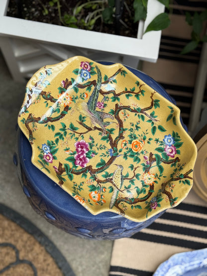 Danny’s Fine Porcelain - Yellow Hand-Painted Chinoiserie Porcelain Tray with Birds & Blossoms