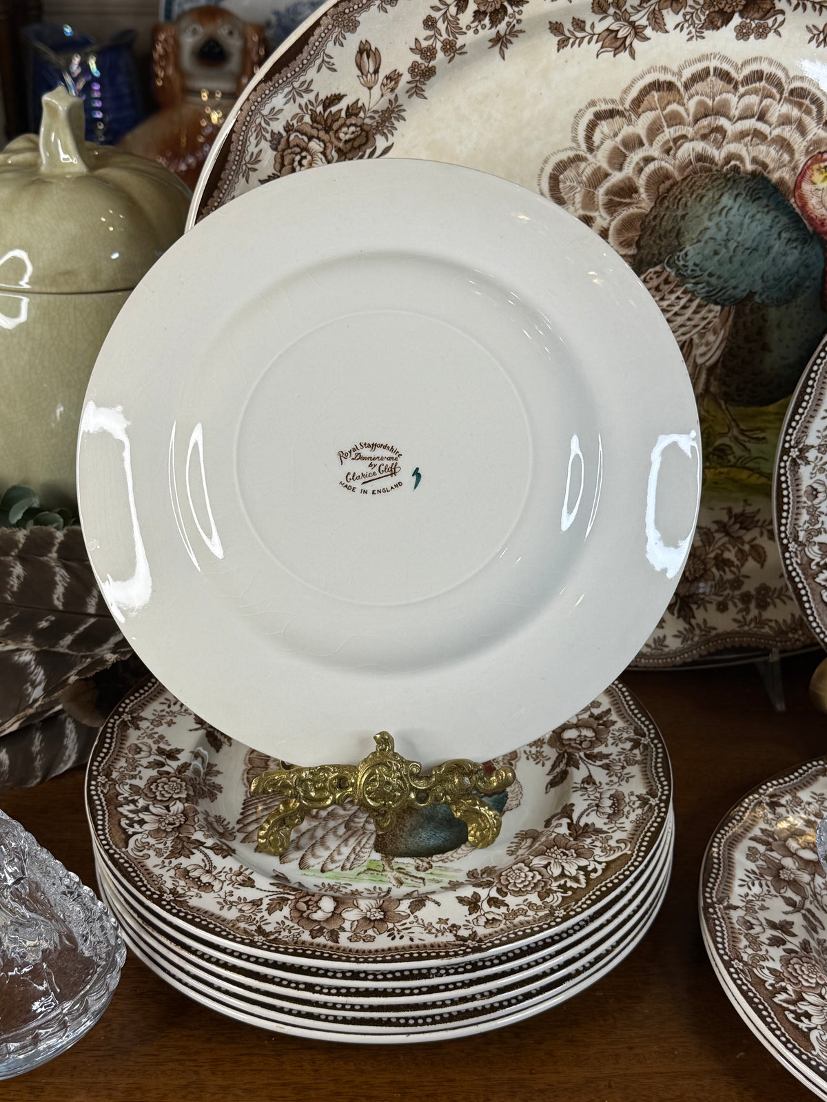 🔥ON AUCTION 🔥 Vintage Royal Staffordshire Dinnerware by Clarice Cliff | Tonquine Turkey 10 Dinner Plates & Large Platter | Thanksgiving Transferware | Made in England