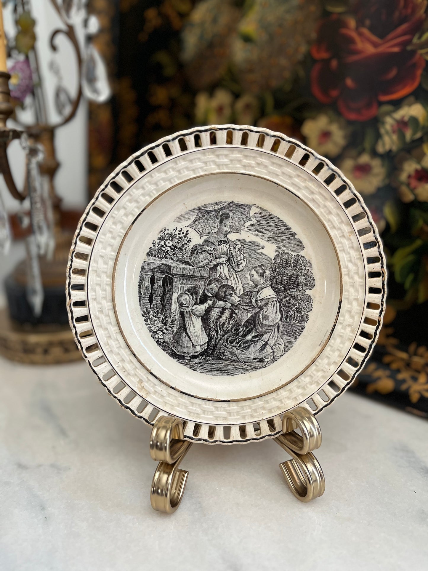Early 19th Century Staffordshire Transferware Pierced Rim Plates – Romantic Pastoral Scenes – Set of Five, 8”