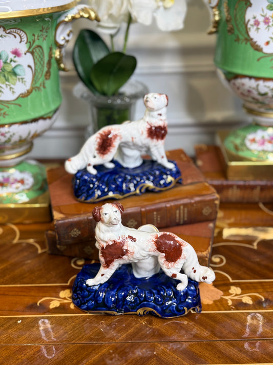 Antique Staffordshire Spill Vases, c. 1840s | Rare Figural Dog Pair on Cobalt Bases (Matched Pair, Repaired)