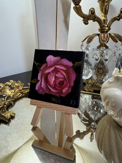 Live 06/19 mini art dark pink rose original oil paintings on stretched canvas 3x3”