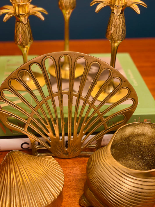 Vintage Brass Shell Decor: Jewelry Box, Planter & Trivet - Pristine