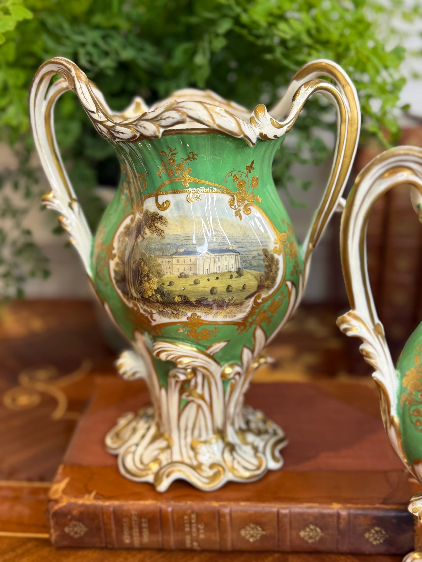 Rare Antique Pair of H.& R. Daniel Apple Green Scenic Vases | Named Views of Attingham Park, Shropshire | English Porcelain | c. 1840 | 8.5"H x 6.5"W x 4" | Style DA4447 (Copy)