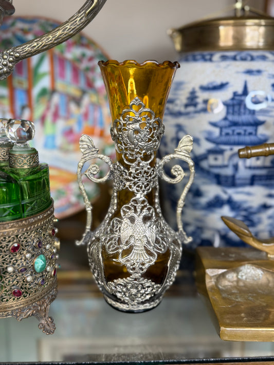 Amber Blown Glass Vase W/ Ornate Metal Overlay | Double-Handled Phoenix Motif