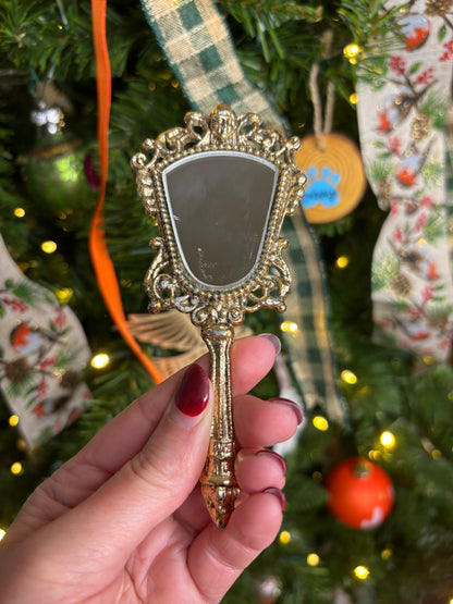 Antique ornate ormolu mini handheld mirror!