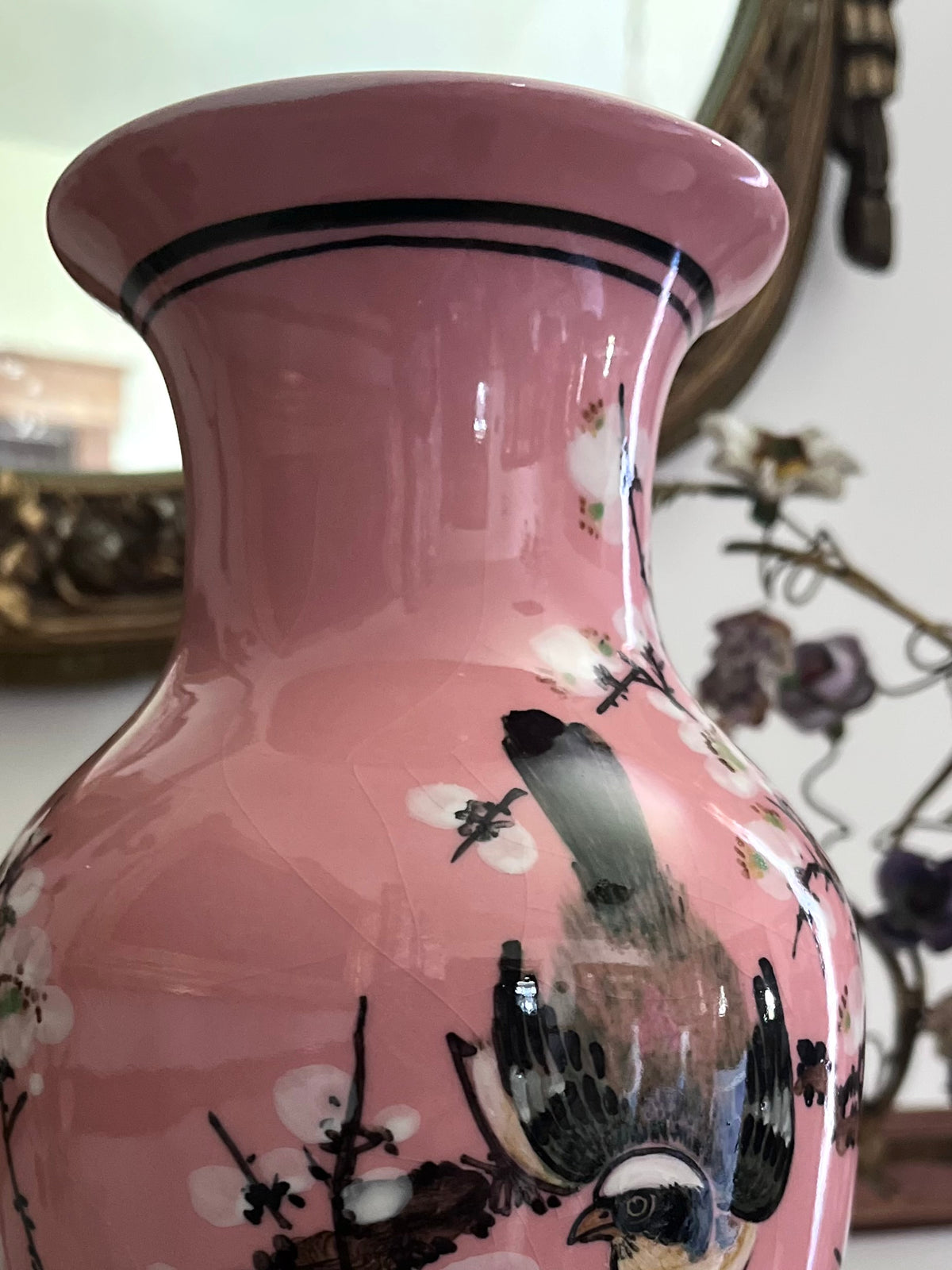Gorgeous Pink Chinoiserie Hand Painted Enamel Birds And Blossoms Vase - Chinese Export