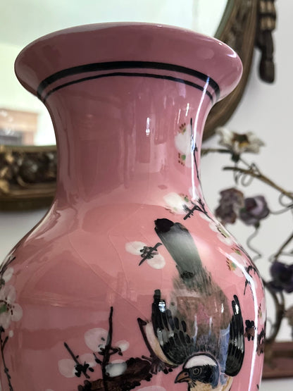 Gorgeous Pink Chinoiserie Hand Painted Enamel Birds And Blossoms Vase - Chinese Export