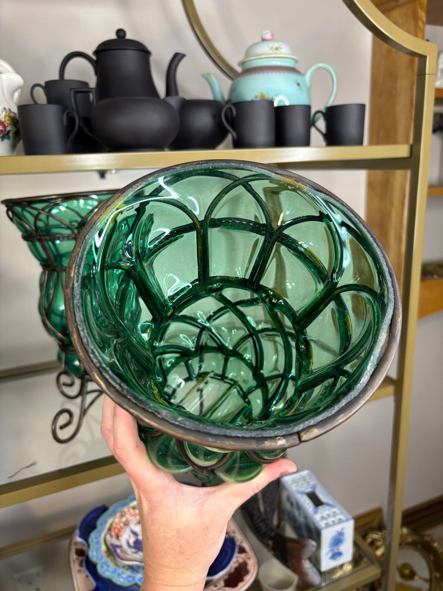 Gorgeous bubble glass in iron cage vases pair!