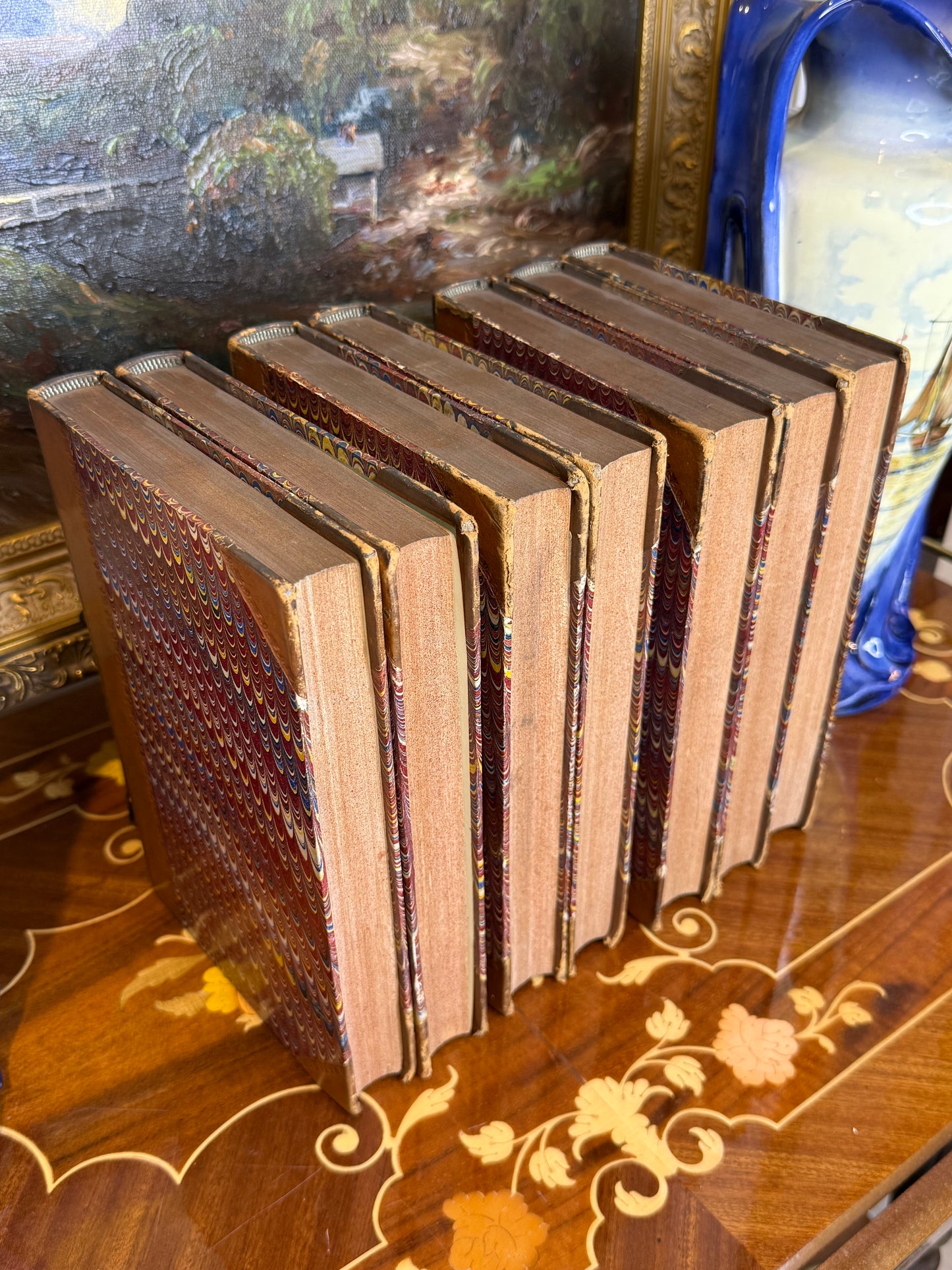 Antique Early 19th Century Latin Classical Library Book Collection, Set of 7 | Full Leather & Marbled Bindings | 1821–1823