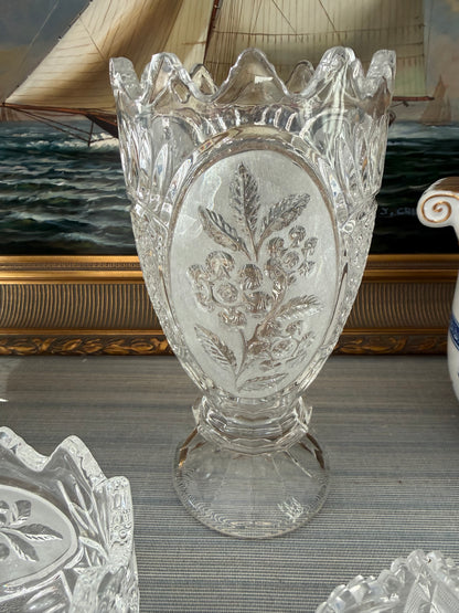 Vintage 10” Etched Floral Heavy Crystal Footed Vase - Pristine!