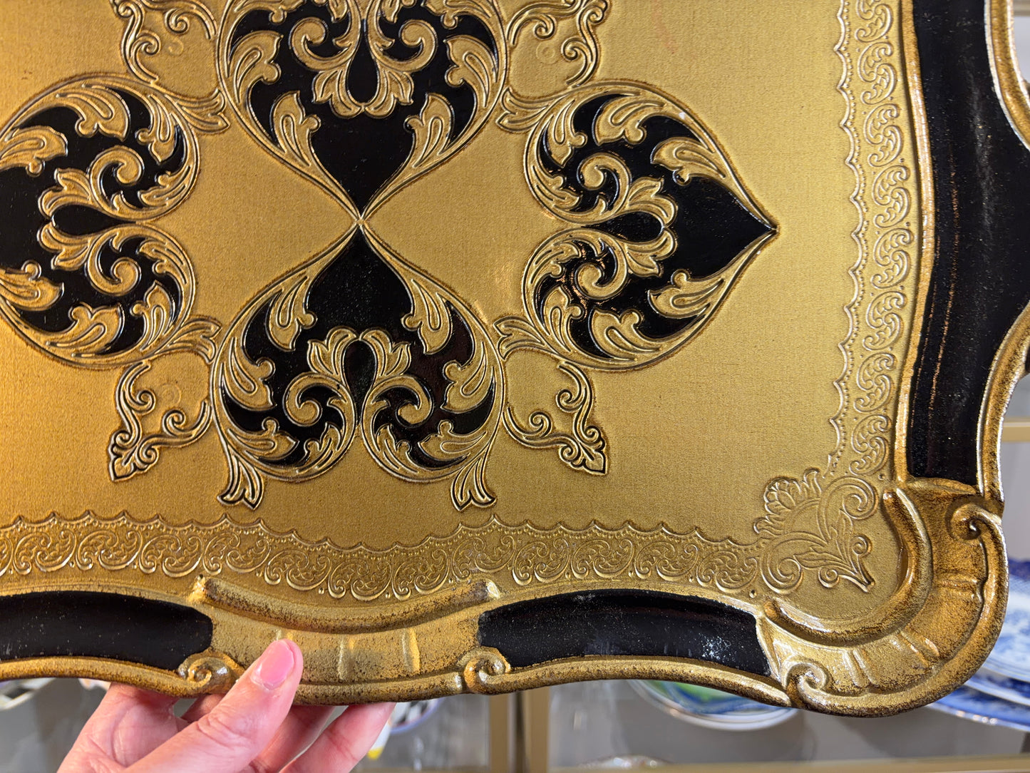 Gorgeous large Florentine gold and black tray with handles!