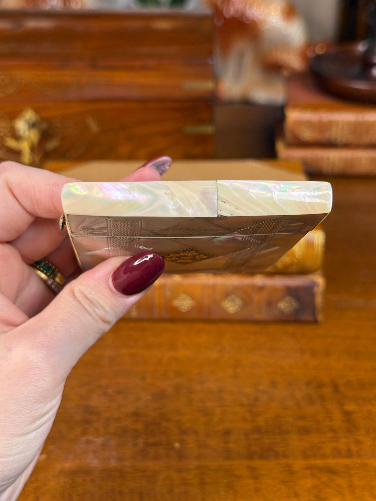 Antique Victorian Mother of Pearl Calling Card Case with Engraved Silver Floral Cartouche, Original Blue Interior, c. 1860–1880 – 4”