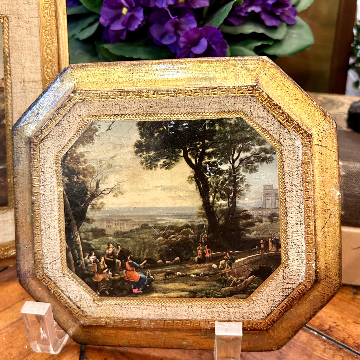 Fabulous Florentine rectangular painting on wood Italian 7.5 x 6