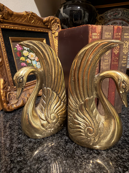 Pair of Vintage Gorgeous Hollywood Regency Brass Swan Book Ends