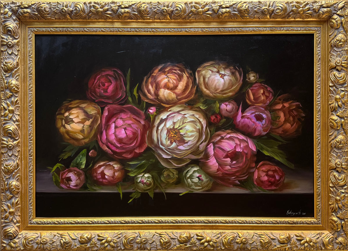 Large Peony Oil Painting in Ornate Gold Frame 44 x 36