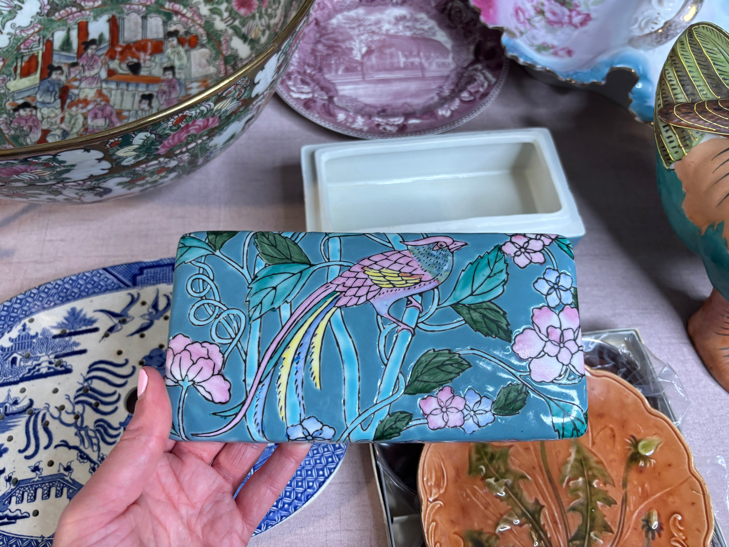 Gorgeous bird and floral porcelain rectangular box!