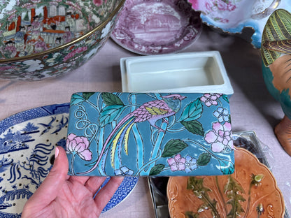 Gorgeous bird and floral porcelain rectangular box!