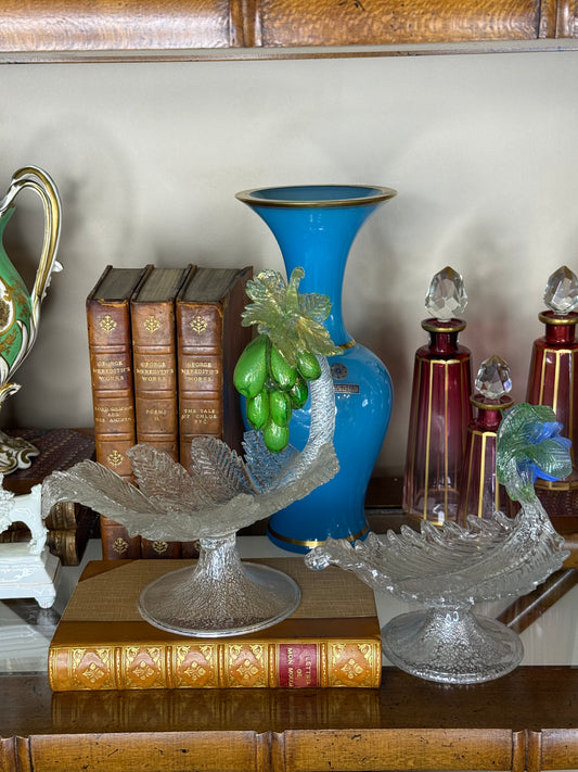 Vintage Venetian Murano Art Glass Leaf Dishes with Applied Fruit & Floral Decoration | Pair