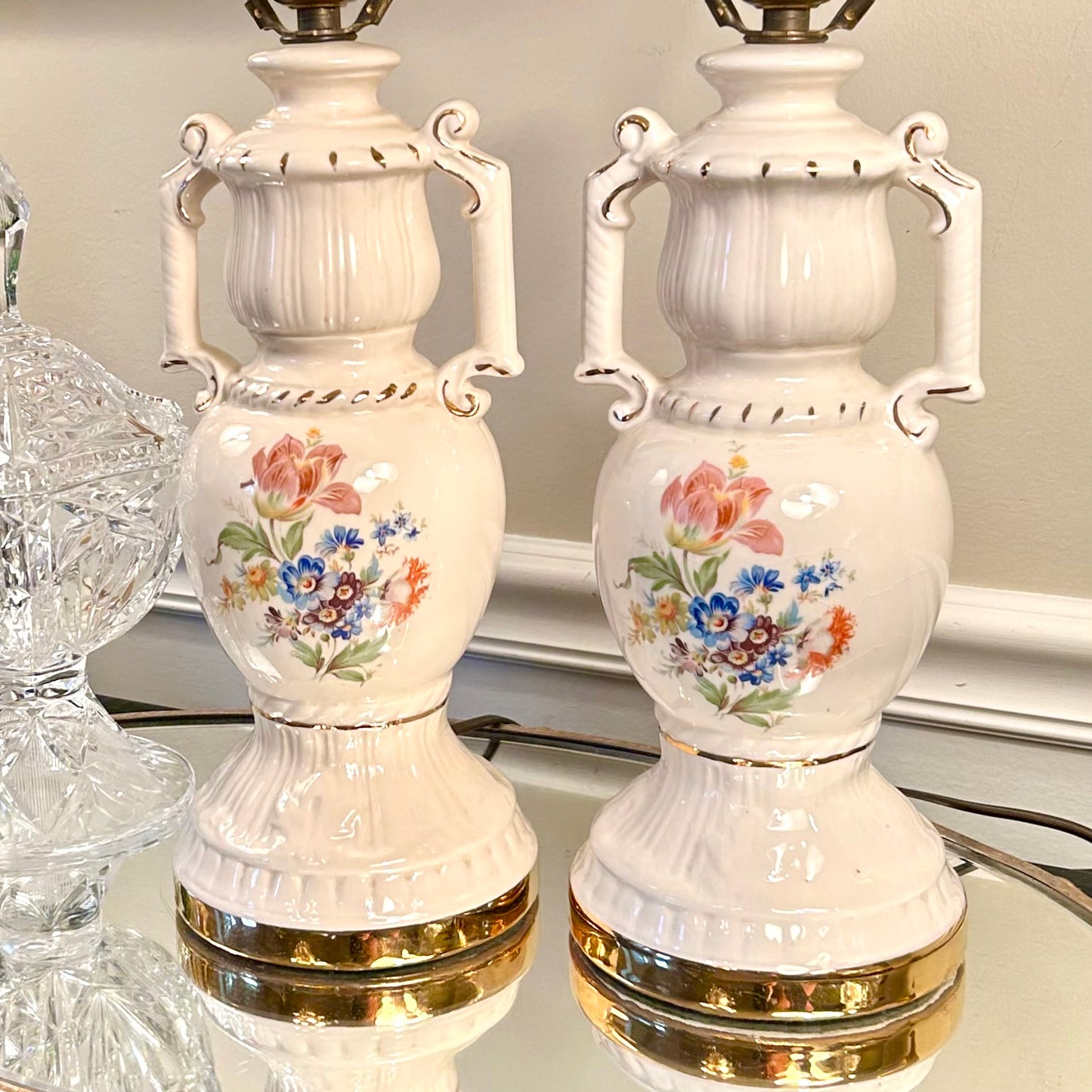 Pair Vintage floral botanical Porcelain Lamps