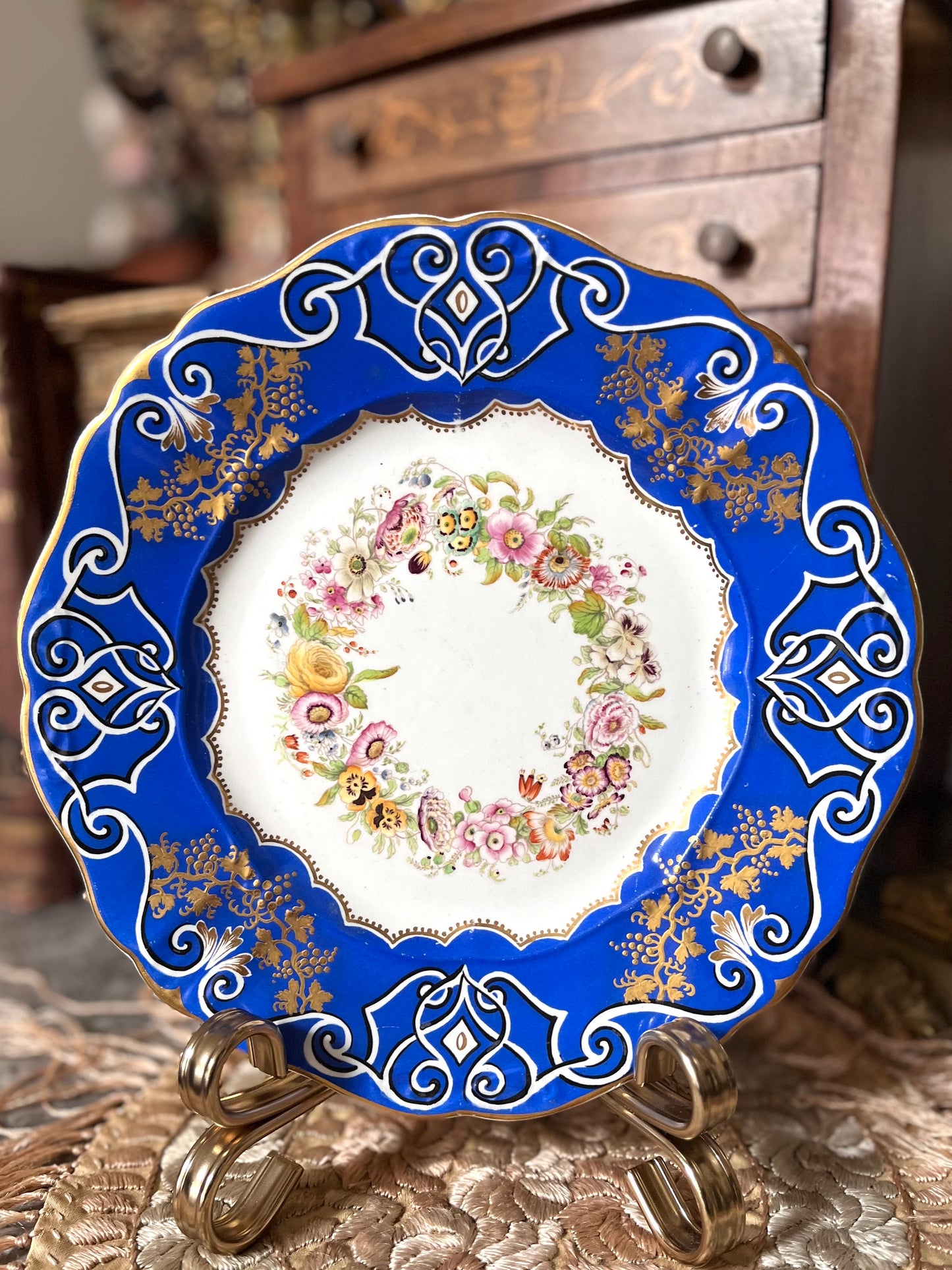 Absolutely Gorgeous Antique English Floral Cobalt Hand Painted Plate
