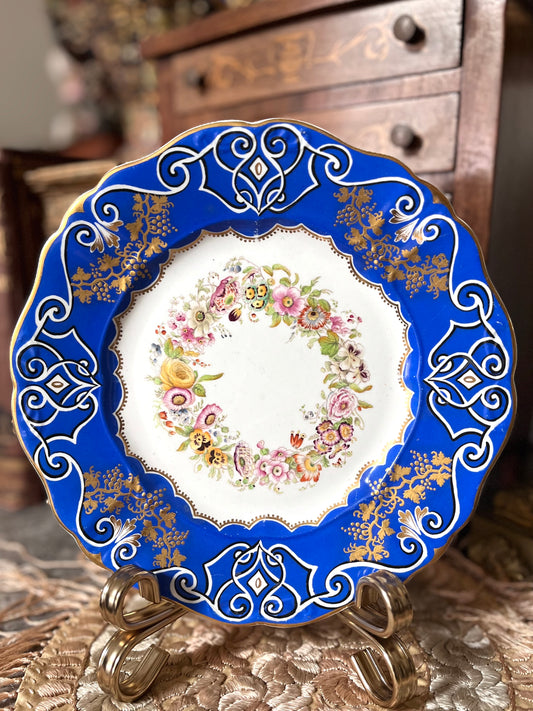 Absolutely Gorgeous Antique English Floral Cobalt Hand Painted Plate