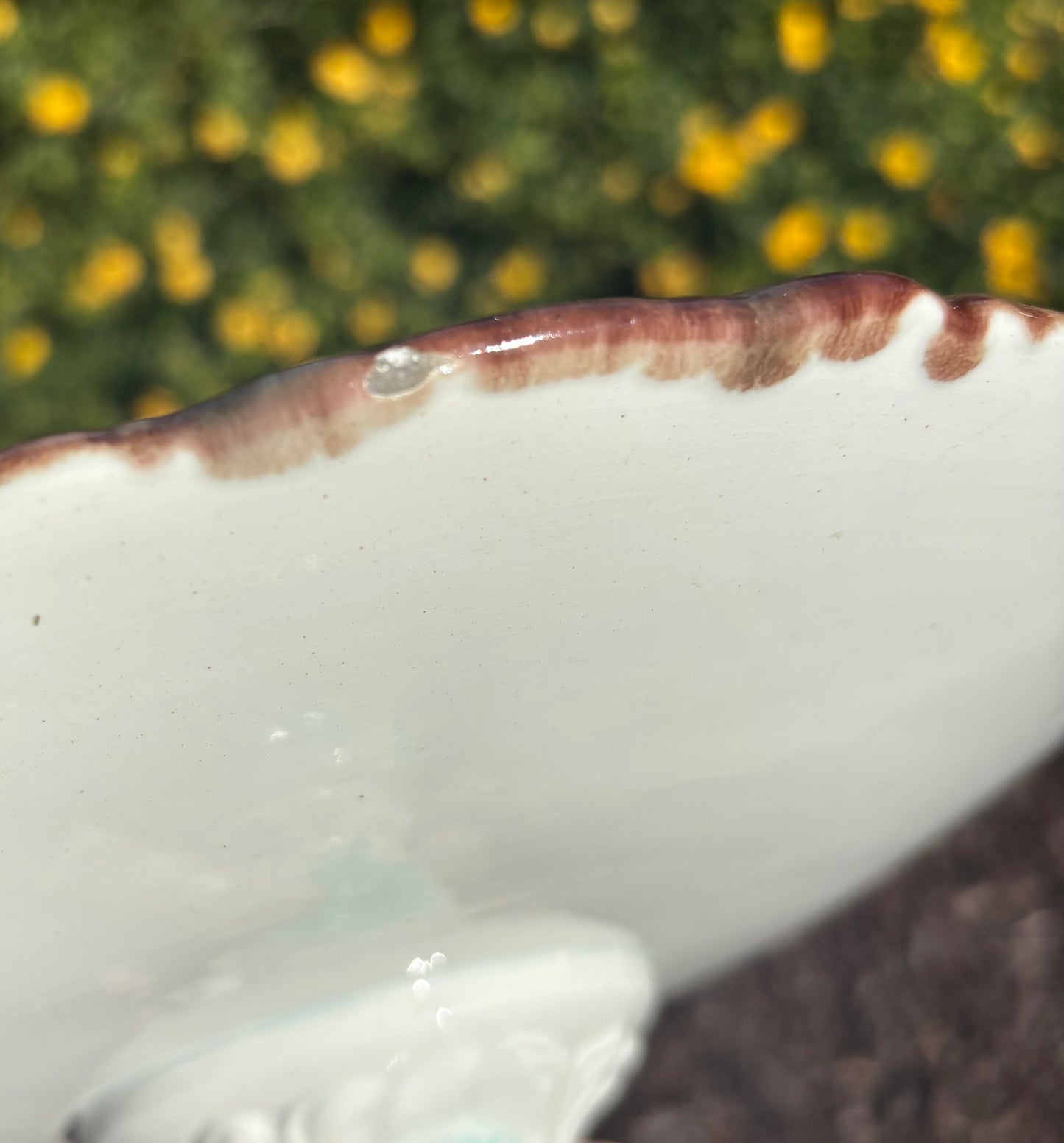 Stunning Majolica Begonia Leaf pedestal cake stand! As is! Measures 10 1/4” x 5.5”.