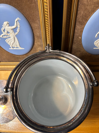 Wedgwood Jasperware cobalt biscuit barrel with silver plating!