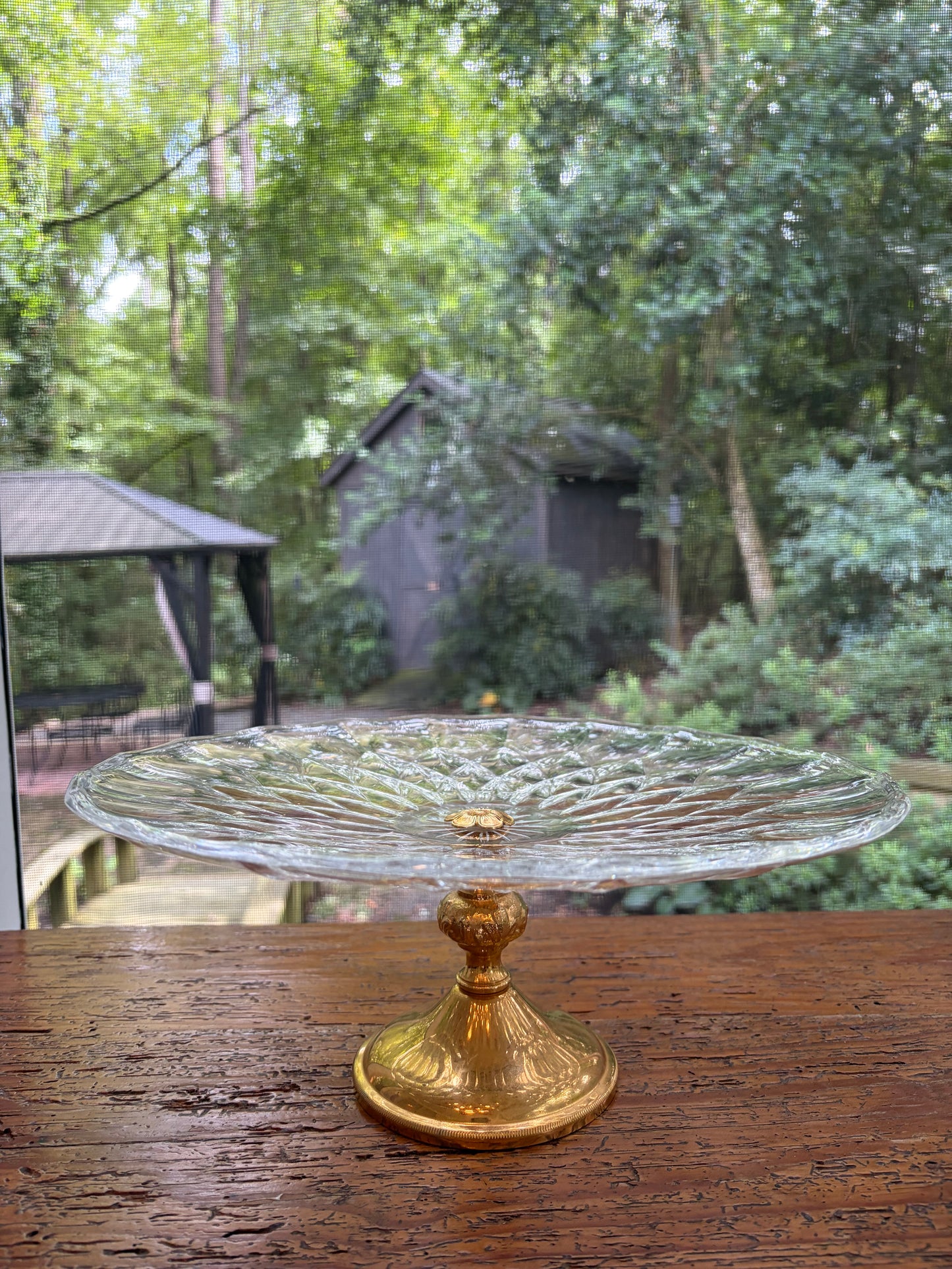 Stunning Val St. Lambert pedestal cake platter with gold plated base and floral detail!