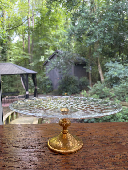 Stunning Val St. Lambert pedestal cake platter with gold plated base and floral detail!