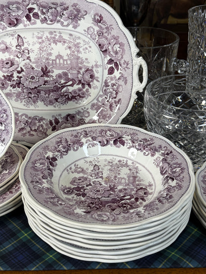 39 Pieces, Circa 1840 | Antique English Staffordshire “Canton Garden”Lavender/ Mulberry Transferware Dinner Service