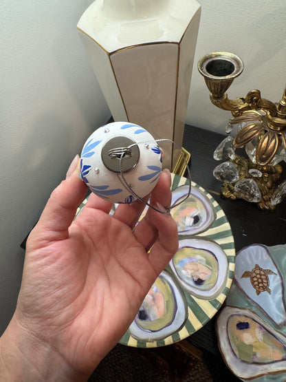 Reserved beautiful hand painted porcelain ornament white blue