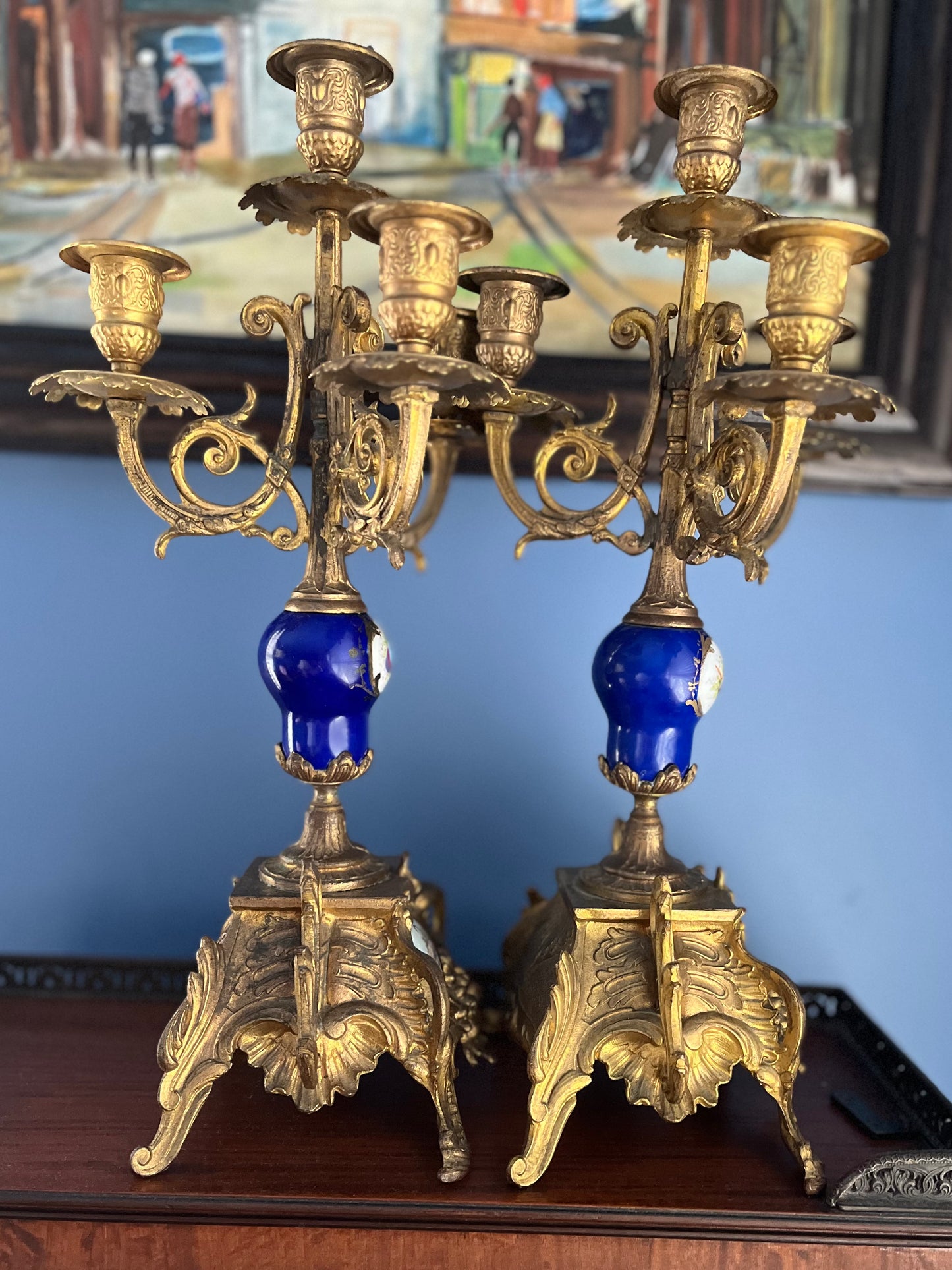 Stunning Pair Of 19th C French Sevres Style Porcelain Gilded 4 Arm Candelabra - Repaired Priced Accordingly Display Beautifully