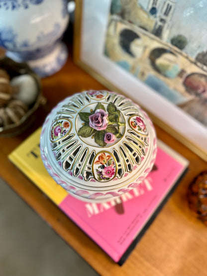 Vintage Herend Saxonian Bouquet Reticulated Biscuit Barrel, Made in Hungary, 7.5"