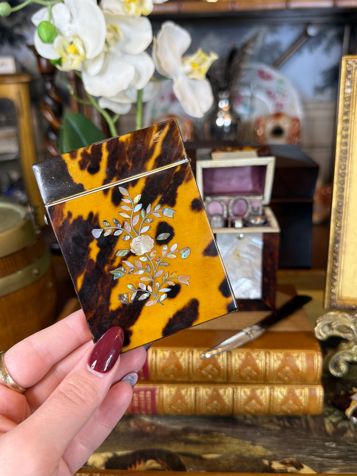 Antique Victorian Tshell🤎🐢 Calling Card Case | Mother-of-Pearl & Abalone Floral Inlay | Sterling Silver EF Monogram | 4” × 3”