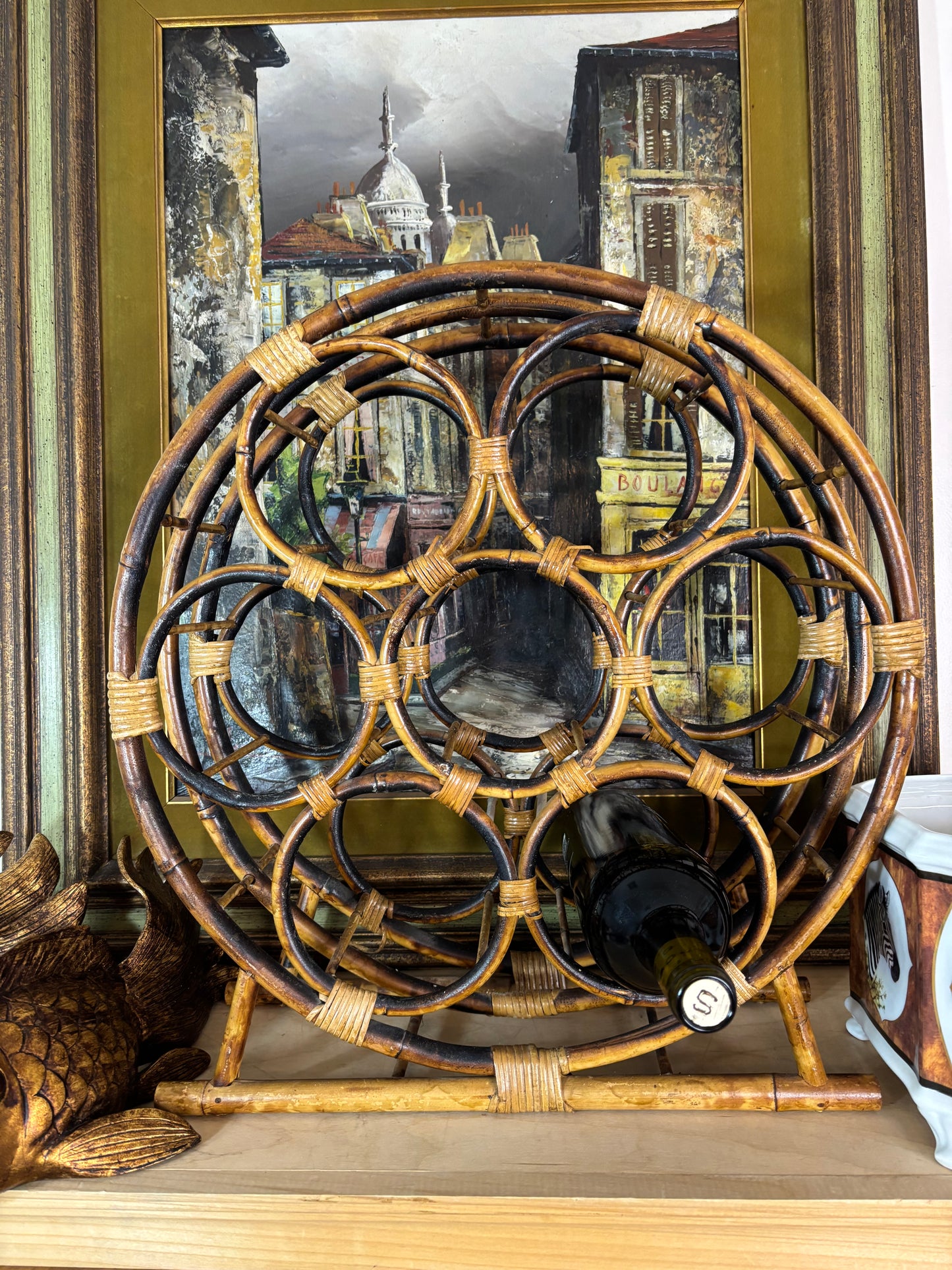 Beautiful extra large burnt bamboo circular wine holder!