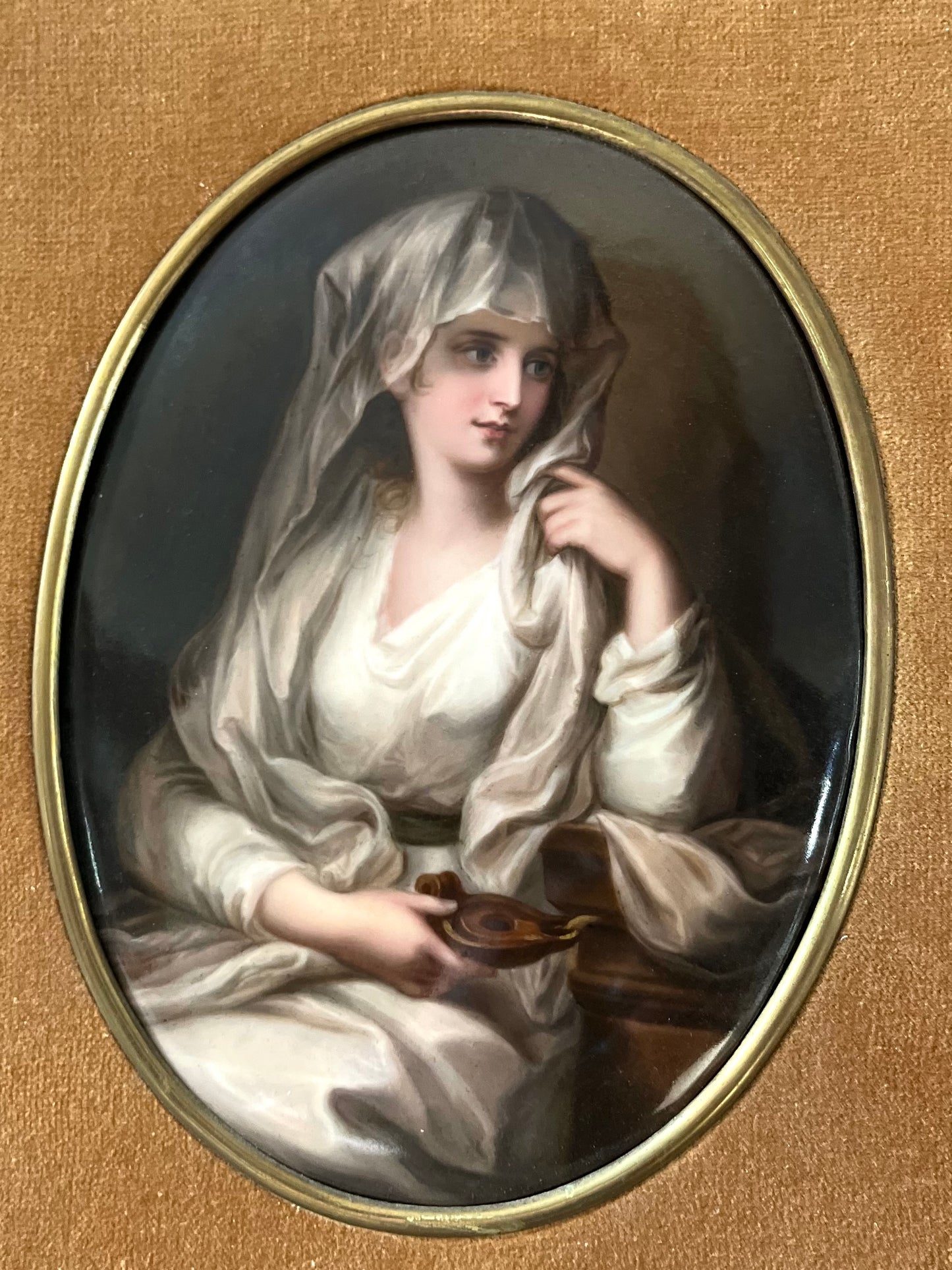 Live 06/22 Antique Hand-Painted Porcelain Portrait Plaque — Vestal Virgin with Lamp, After Romney - KPM Attributed