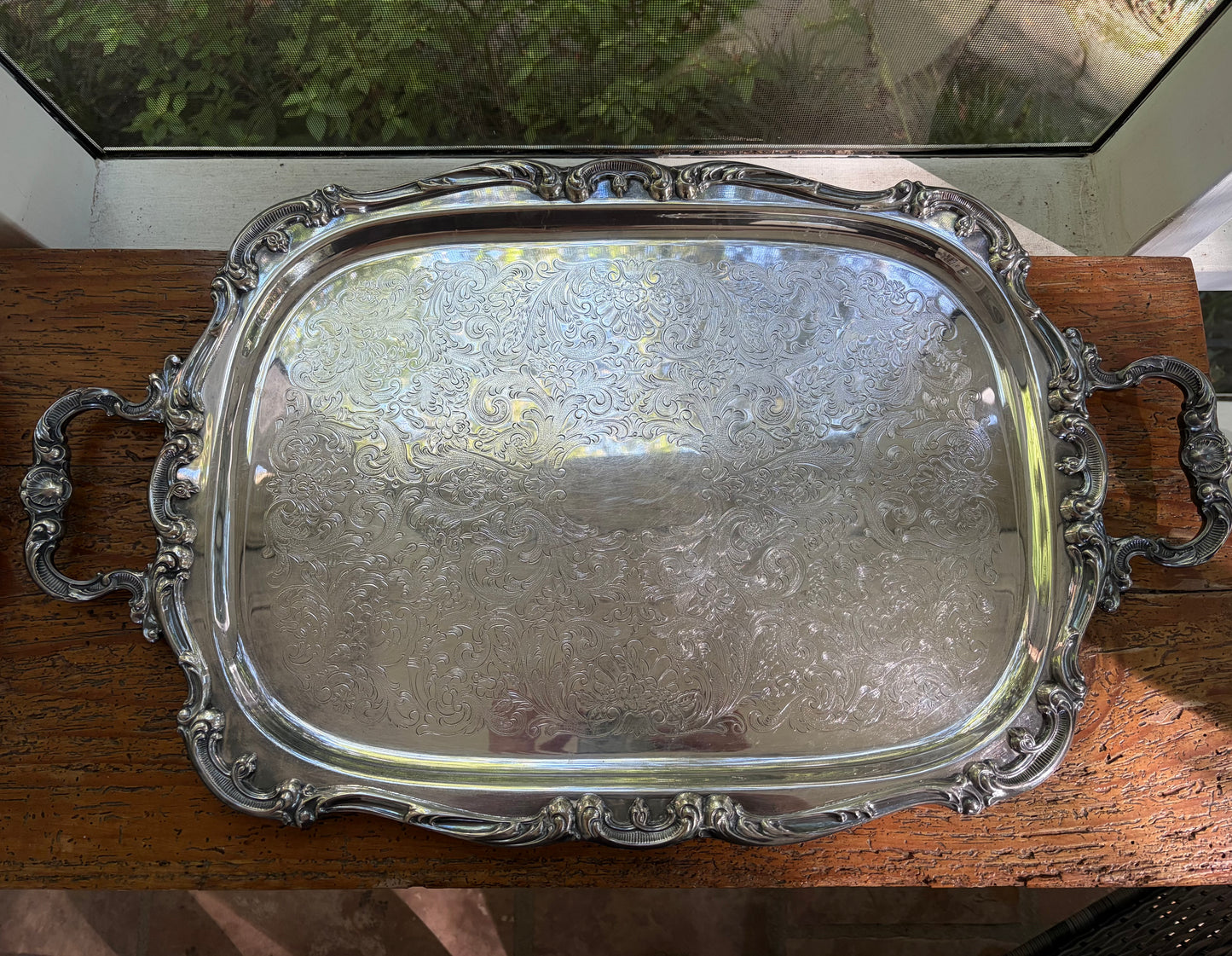 Stunning Gorham Newport large ornate silverplated serving tray with shell motif handles!