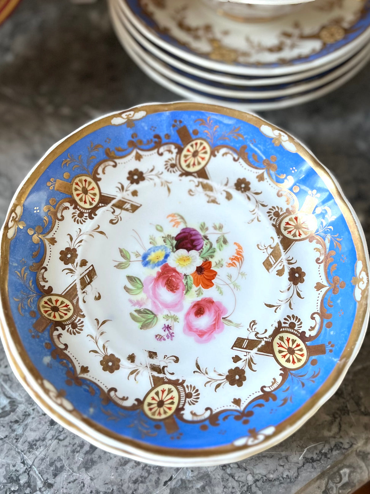 Stunning Antique English 21-Piece Porcelain Tea Service | French Blue, Hand-Painted Florals & Gilt - Attributed to Coalport