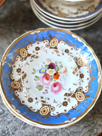 Stunning Antique English 21-Piece Porcelain Tea Service | French Blue, Hand-Painted Florals & Gilt - Attributed to Coalport