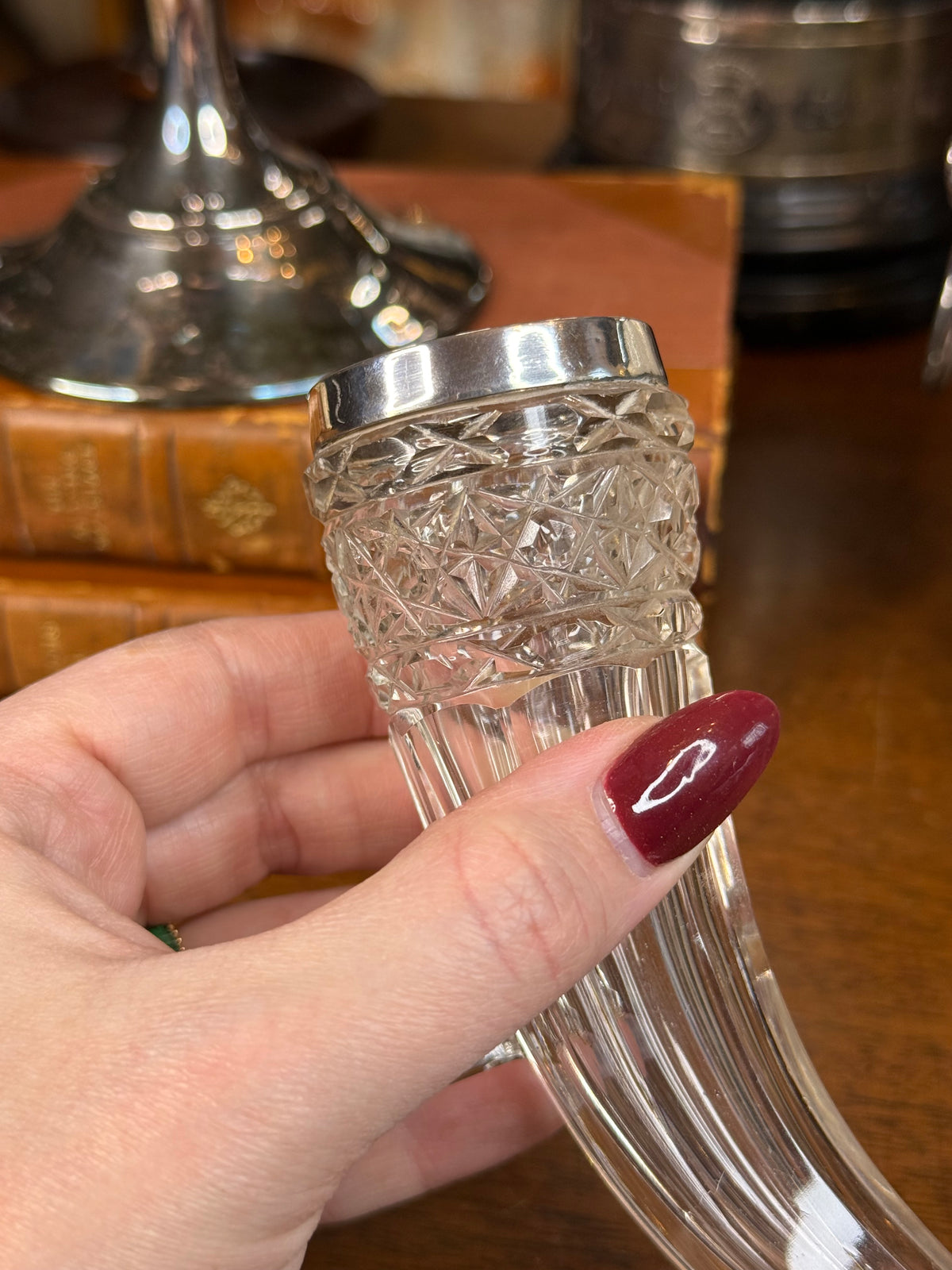 Antique Victorian Henry Bourne Cut Crystal Drinking Horn/ Bud Vase W/Sterling Silver Mounts, Birmingham England, c. 1890–1905 – 6.5”