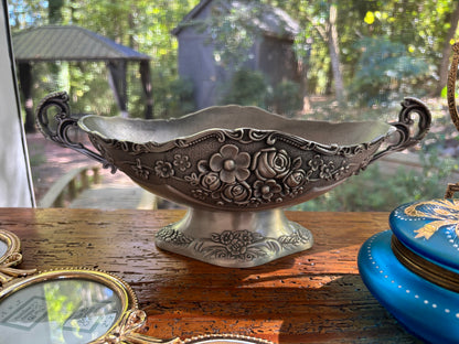 Beautiful ornate floral compote pedestal oval bowl with handles!
