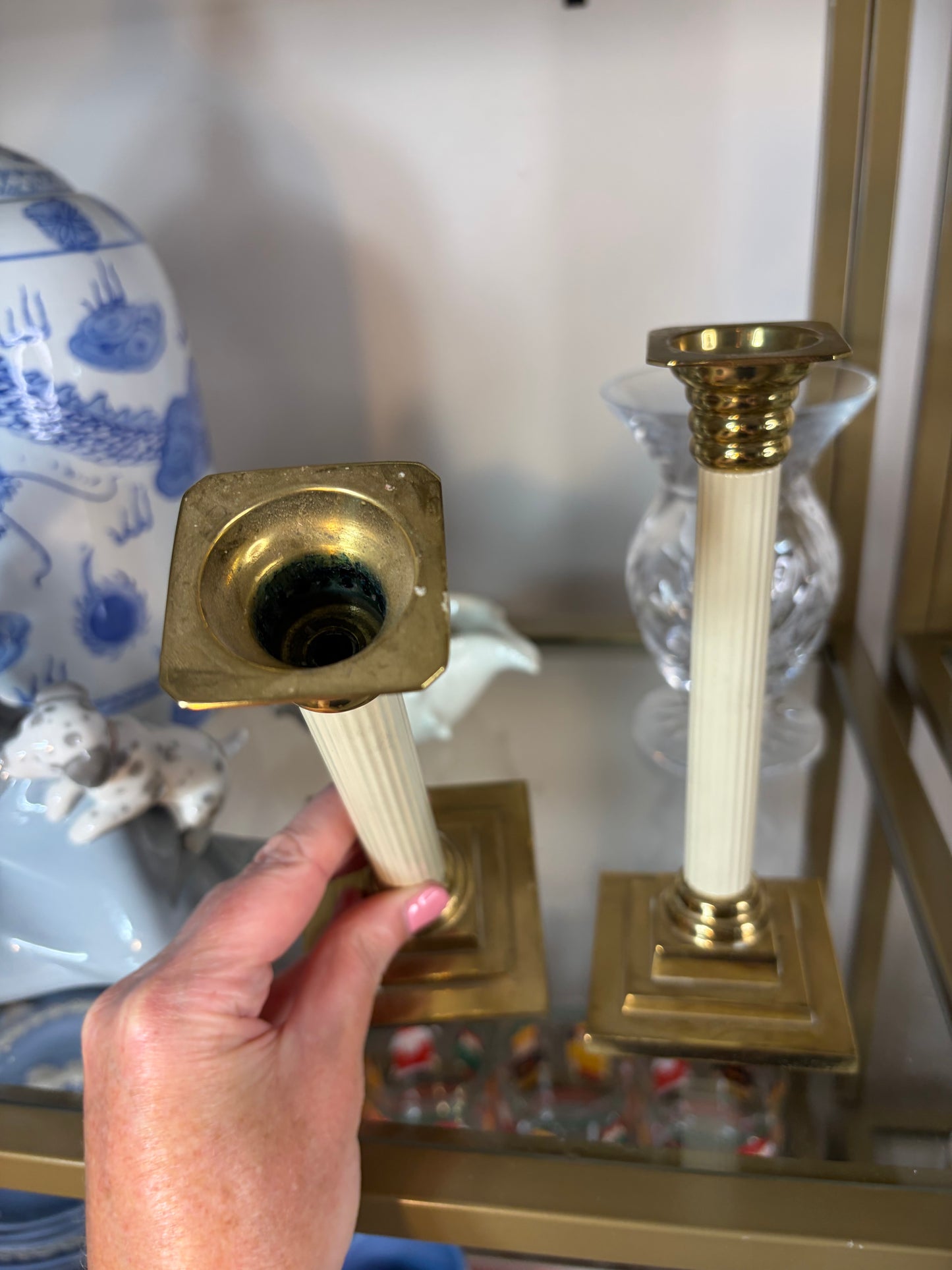 Beautiful brass and ceramic column style candleholders pair!